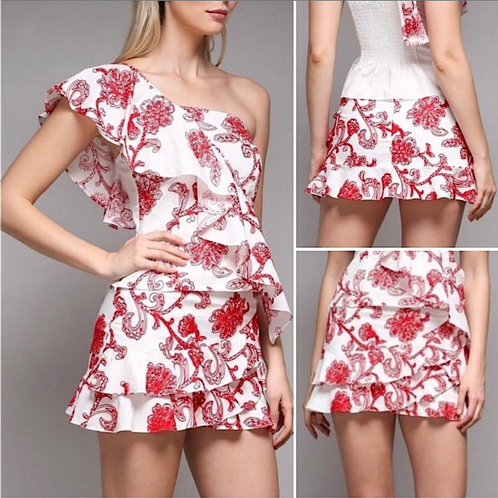 Do + Be NWT Embroidered Red White Floral Ruffle Skirt and One Shoulder Top Set